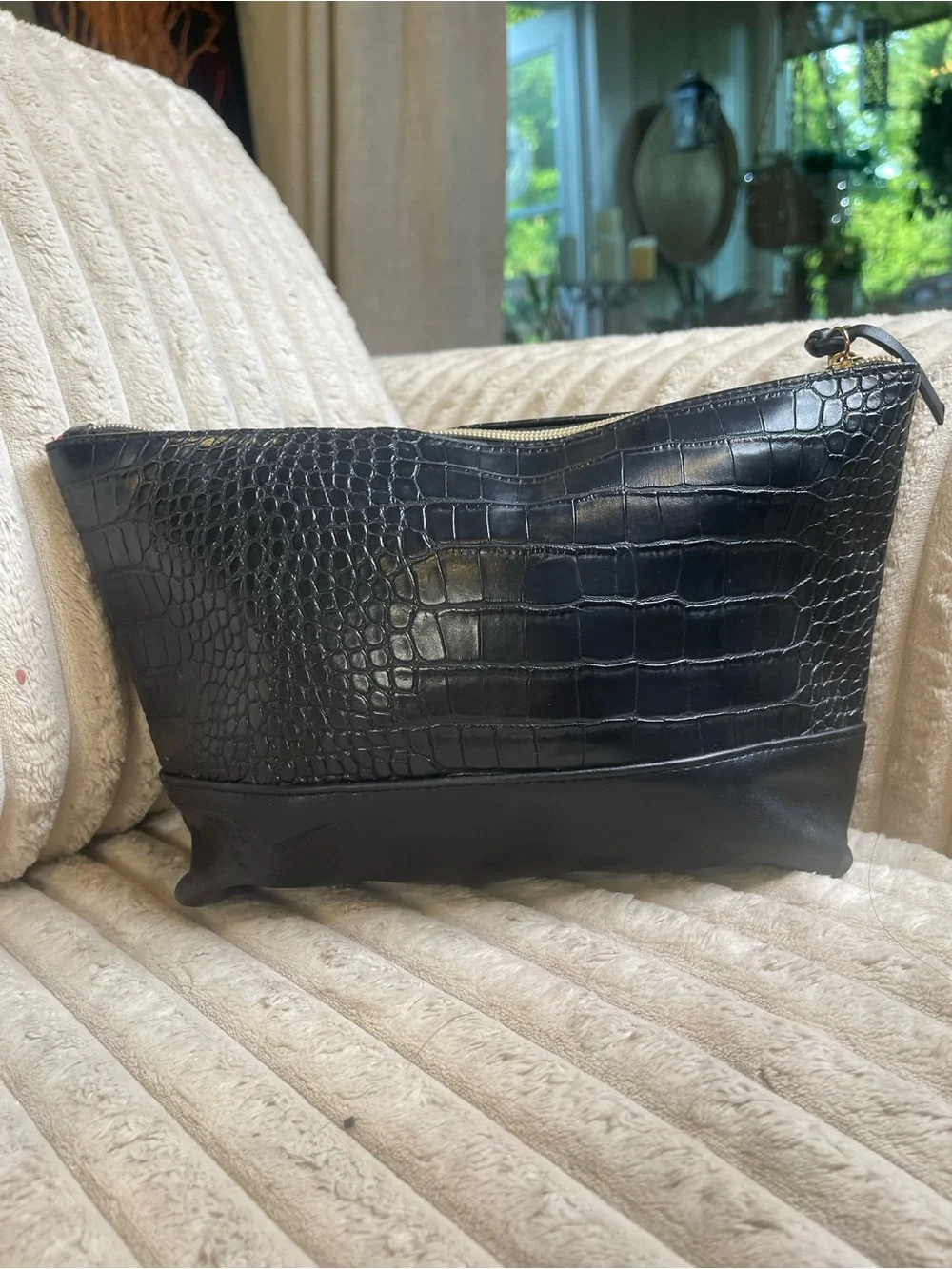 Trina Turk Black Crocodile Embossed Cosmetic Makeup Bag Travel Toiletry Pouch